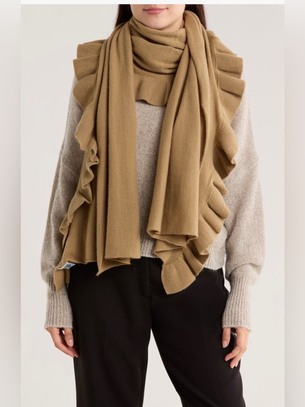 Portolano $725 100% Cashmere Knit Wrap Scarf Ruffle Trim Camel